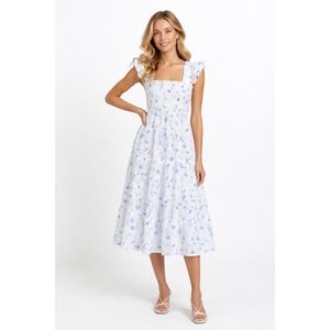 Hill House Ellie Nap Dress XS Smocked Square Neck Botanical Print Blue Cottage